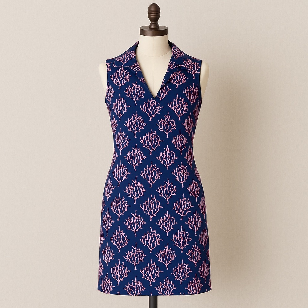 Katherine Way Coral Reef Print Dress Navy Pink Tactel Spandex Small